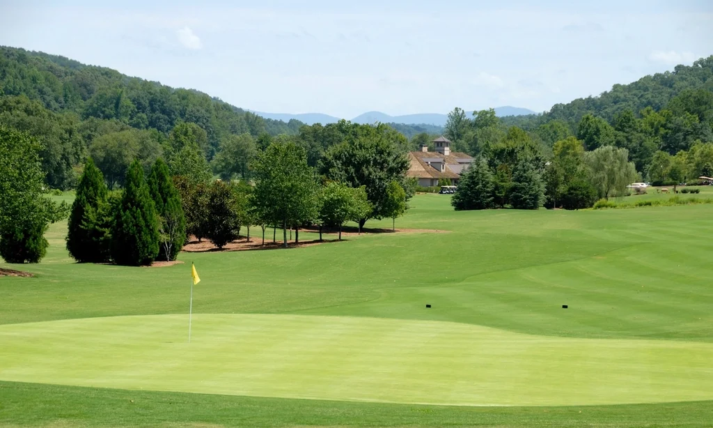 A putting green with a yellow flag, a clubhouse among the trees and blue hills behind