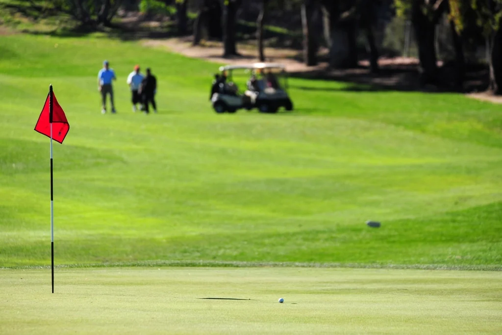 A red flag on a green, with a group of golfers and a cart behind it